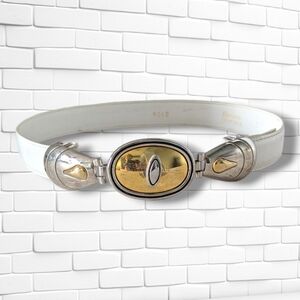 Vintage 80s White Leather Belt Silver & Gold Buckle Waist Accent Size Small